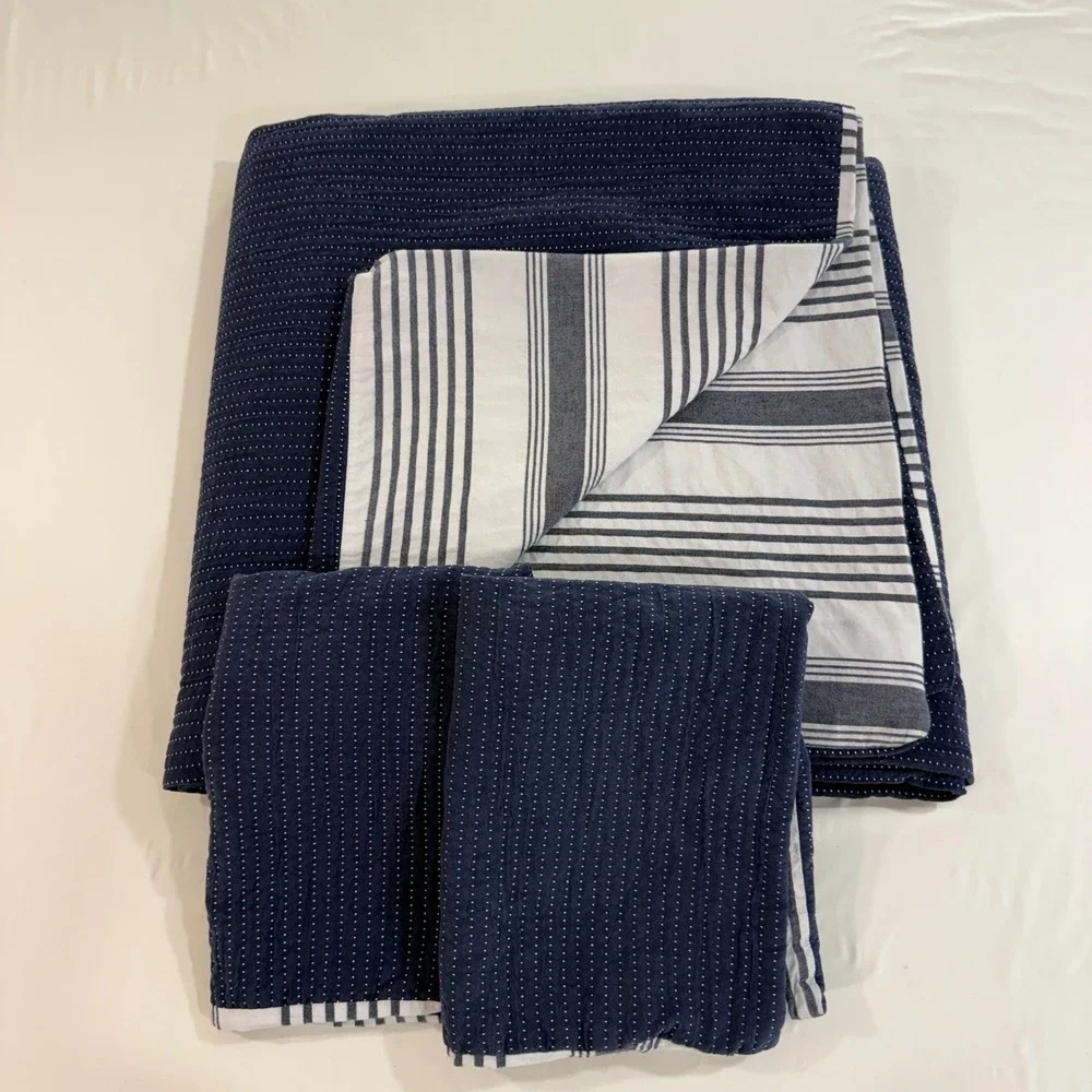 Pottery Barn Kids Reversible Duvet Set Full/Queen Navy Blue Dot Stripe Coastal